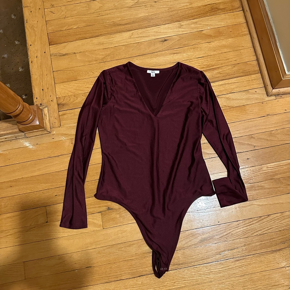 Bar III Deep Red V-Neck Long Sleeve Bodysuit